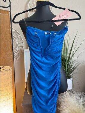 Oh Polly Electric Blue Ruched Satin Mini Dress